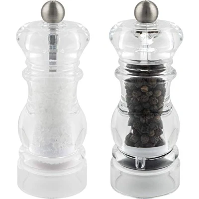Image of Grunwerg SP 6610AC Gmill 2 Piece Acrylic Salt and Pepper Mill Set with Ceramic Adjustable Grinder, Traditional Design, 11cm, Clear, Transparent
