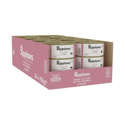 Image of Applaws 100% Natural Tuna Fillet with Shrimp in Broth for Adult Cats (Pack of 24 x 156g Tins)