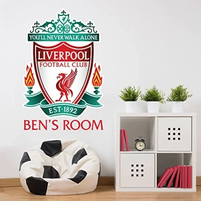 Image of Liverpool FC Wall Sticker Crest &amp; Personalised Name Decal Football Art Mural (60cm Height x 40cm Width)
