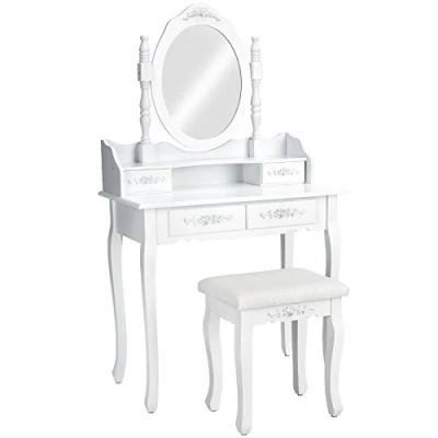 Image of TecTake Dressing table make up desk with stool mirror 4 drawers white