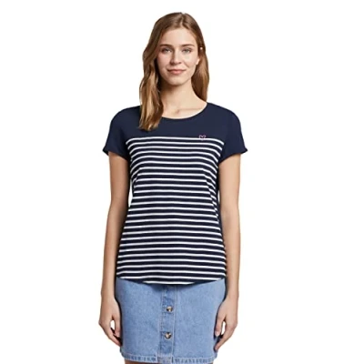 Image of Tom Tailor Denim Women&#039;s 1017275 Striped T shirt with heart print, 22701 Navy Off White Stripe, S