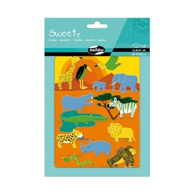 Image of Maildor Ref AE131O Sweety Stickers (Pack of 2 Sheets) Animals the Savannah Designs 21 x 14.8cm, Easy to Apply &amp; Remove, Reusable, 28 Included