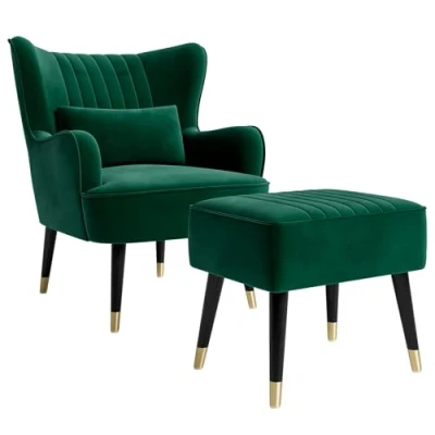 Image of Vesgantti Velvet Armchair with Footstool and Lumbar Pillow, Modern Wing Back Accent Chair Ottoman, Large Occasional for Living Room Bedroom Study Office(Green)