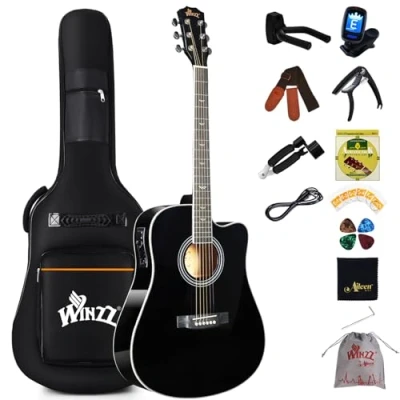 Image of Winzz 4/4 Electro Acoustic Guitar, Western Guitar Set for Adults and Beginners, 41 Inch with 4 Band Equaliser (Dreadnought, Glossy, Black)