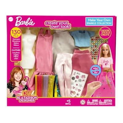 Image of Barbie DIY Sparkle Fashion Designer Set 130 Piece Dress Up Kit Design Clothes for Dolls with Rhinestones, Ribbons, Stickers &amp; Mannequin Clothing Gift Girls Ages 5+
