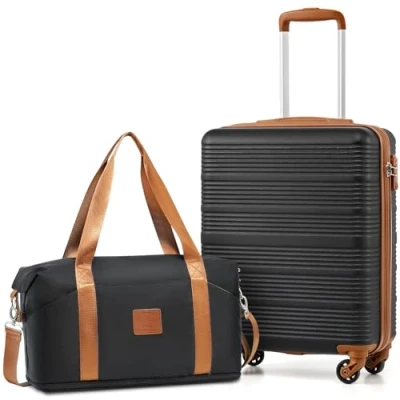 Image of COOLIFE Cabin Suitcase 55x40x20cm and Bag 25L(45x36x20cm) Set for EasyJet Airlines Carry on Hand Luggage Hard Shell Lightweight with TSA Lock (Black/Brown, 2pcs)