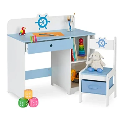Image of Children&#039;s Furniture Set, Table &amp; Chair, Open Shelves Drawers, Naval Motif, 79.5 x 80 40 cm, White/Blue Relaxdays