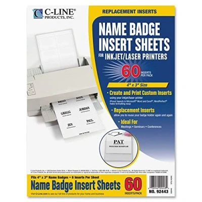 Image of C Line Replacement Inkjet/Laser Printer White Badge Inserts, 3 x 4 Inches, 6/Sheet, 10 Sheets, 60 Inserts per Pack (92443)