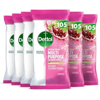 Image of Dettol Wipes, 6 X 105 630 Wipes Total, Pomegranate And Lime, Antibacterial Multi Purpose Cleaner, Sinks, Taps, Toilet Seats, 10X Cleaning Power, Disinfectant Household Cleaners