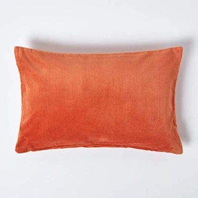 Image of HOMESCAPES Burnt Orange Velvet Cushion Cover Super Soft Cotton Luxury Scatter Rectangle Plain Accent Throw Pillow for Sofa and Bed Decoration with Hidden Zipper, 30 x 50 cm