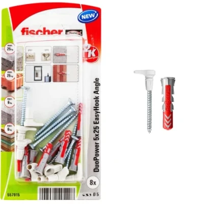 Image of fischer EasyHook Angle K (8), Set of 8 Angled Hook Screws &amp; DuoPower 5 x 25 Plugs, chipboard with Hooks, Flexible Screw Hooks for mounting in numerous Building Materials