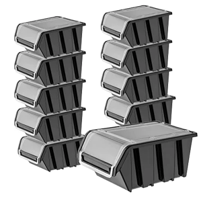 Image of KADAX Stacking Boxes, Plastic Tool Organiser with Lids, Durable Storage Containers for Screws, Workshop Display Bins (Black, Set of 10, 155 x 100 mm)
