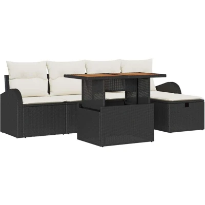 Image of vidaXL 6 Piece Garden Sofa Set with Cushions Black Poly Rattan