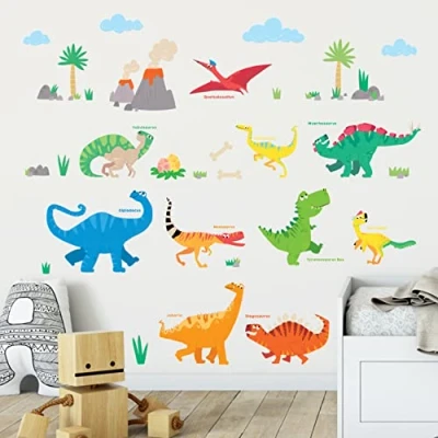 Image of DECOWALL DS 8032 Colourful Dinosaur B (Small) Kids Wall Stickers Decals Peel and Stick Removable for Nursery Bedroom Living Room Art murals Decorations