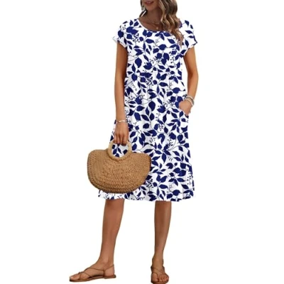 Image of AUSELILY Women&#039;s Summer Short Sleeve Knee Length Dresses Round Neck Loose Dress with Pockets Navy Blue Leaves XL
