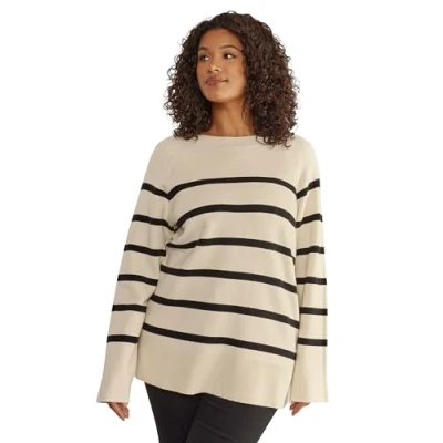 Image of EVANS Curve Ivory White &amp; Black Striped Knitted Jumper Women&#039;s Plus Size