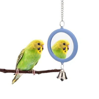 Image of Hypeety Pet Bird Mirror with Bell Interactive Parrot Toy Cage for Cockatiel Parakeets Canaries Budgie (BLUE)