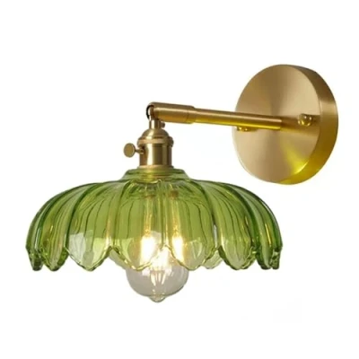 Image of SEMANHUAOZ Vintage Glass Wall Sconce Light Gold Brass Mounted Lamp with Green Flower Shade Mid Century Modern Fixture Bathroom Vanity for Bedroom Hallway Dining Room(Light