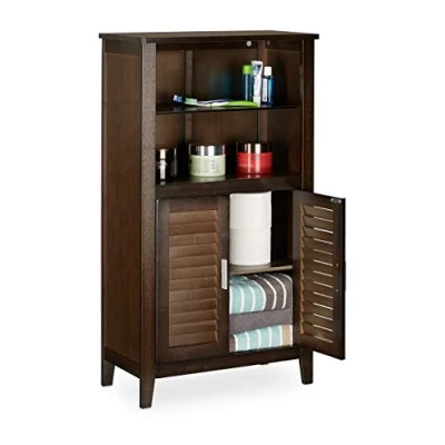 Image of Relaxdays LAMELL Dark Brown Bathroom Cabinet, Bamboo Floor Cupboard, Telephone Kitchen Storage Unit, HxWxD: 92 x 50 25.5 cm