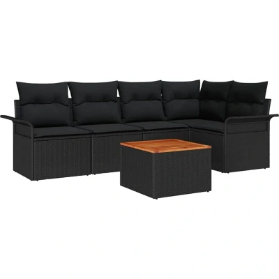 Image of vidaXL 6 Piece Garden Sofa Set with Cushions Black Poly Rattan Acacia