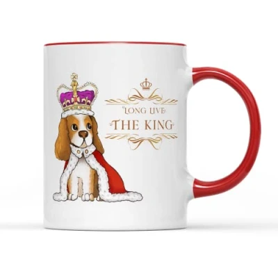 Image of SMARTYPANTS Long Live The King Puppy Mug Tea Coffee Cup Royal Coronation His Majesty Charles III Classic Celebration Commemorative Memorabilia Kitchen Home Decor (Red Handle)