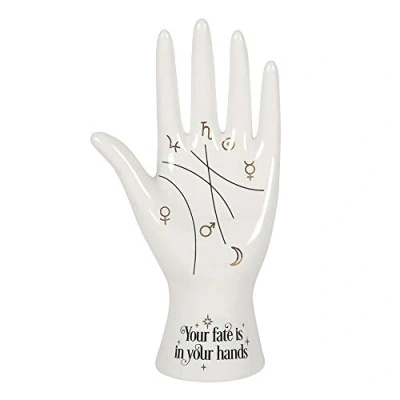 Image of Modern White Ceramic Palmistry Hand Ornament 19.5cm x 10.5cm (1 Pc.) Chic Design with Metallic Gold Astrology Symbols, &#039;Your Fate is in Your Hands&#039; Text, Versatile for Holding Rings &amp; Accessories