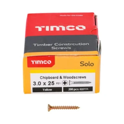 Image of TIMCO Solo Chipboard &amp; Woodscrews Gold 3.0 x 25 Box of 200 A single thread woodscrew mainly used in various types timber and man made boards or into masonry with the use plastic plug
