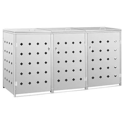 Image of vidaXL Triple Wheelie Bin Shed Stainless Steel Storage for 240L Garbage Bins Weather Resistant, Easy to Clean, with Ventilation Holes and Secure Locking System