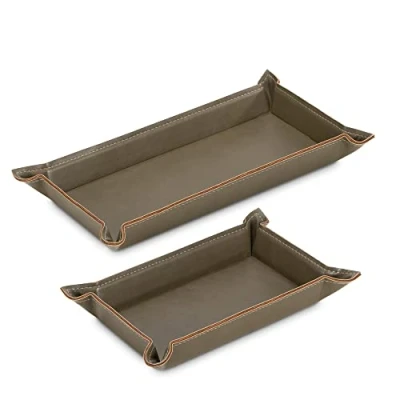 Image of Navaris Faux Leather Tray Set 2 Valet Organiser Trays for Bedside Table, Night Stand, Desk Store Keys Change Wallet Phone Glasses Olive Green