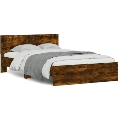 Image of Bed Frame with Headboard and LED Smoked Oak 140x190 cm vidaXL