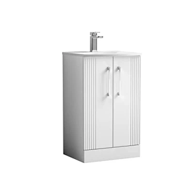 Image of nuie DPF123G Deco Modern Bathroom Floor Standing 2 Door Part Fluted Vanity Unit with Curved Ceramic Basin, Satin White