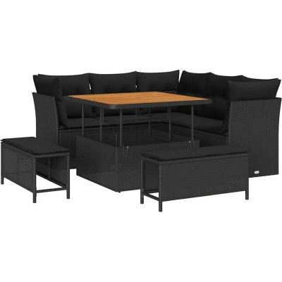 Image of vidaXL 8 Piece Garden Sofa Set with Cushions Black Poly Rattan Acacia
