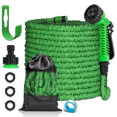 Image of FASCINATDECO 100FT Expandable Garden Hose Pipe, Flexible Expanding Magic with 1/2&quot;&amp; 3/4&quot; Fittings, 7 Function Spray Nozzle Gun, Lightweight Anti Kink Durable