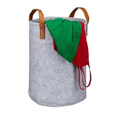 Image of Relaxdays Felt Laundry Hamper, PU Leather Handles, 28 L Storage Basket, Bathroom, HxD 45x30 cm, Gray, Pack of 1