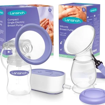 Image of Lansinoh Breast Pump Compact Single Electric and Breastmilk Silicone Collector Breastfeeding Milk Breastpump, ComfortFit Cushions, Let Down &amp; Expression Pumping Modes