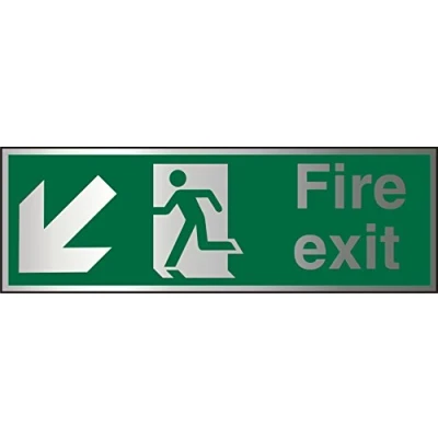 Image of Seco Fire Exit Arrow Pointing Down &amp; Left, Man Running Sign, 300mm x 100mm 1.5mm Brushed Aluminium Composite