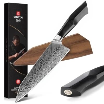 Image of XINZUO Damascus Steel Chef Knife, 21.5cm Kiritsuke Kitchen Knife Professional Forged Gyuto Cooking Military Grade G10 Handle with Magnetic Sheath Feng Series