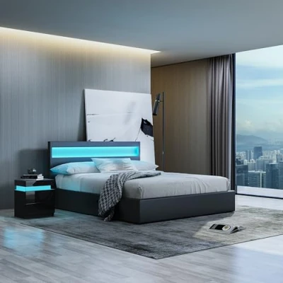 Image of Black Bed Frame with Storage, Faux Leather LED Headboard, Modern Ottoman Gas Lift Storage 5FT King, for Bedroom Furniture
