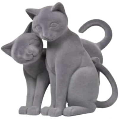 Image of Grey Velvet Twin Cats Statue Model Feline Gift Home Kitchen Bedroom Decor Ornament