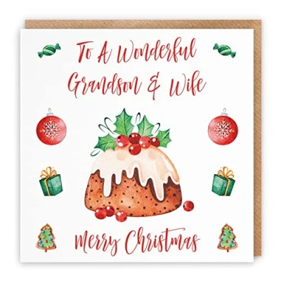 Image of Hunts England Grandson And Wife Christmas Card To A Wonderful &amp; Merry Pudding Collection Funny Xmas