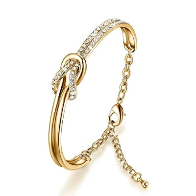 Image of NINAMAID Women&#039;s Bracelet Silver with Clear Swarovski Crystals Element Gold Plated for Women 7 Inch White