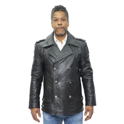 Image of Mens Classic German Navy Military Peacoat Black Cowhide Leather Jacket
