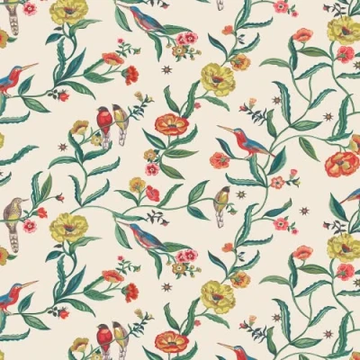 Image of Muriva Cath Kidston Summer Birds Wallpaper Modern for Living Room, Bedroom, Fireplace Decorative Luxury Wall Paper with Kingfisher Amongst Trailing Flowers &amp; Leaves (Cream)