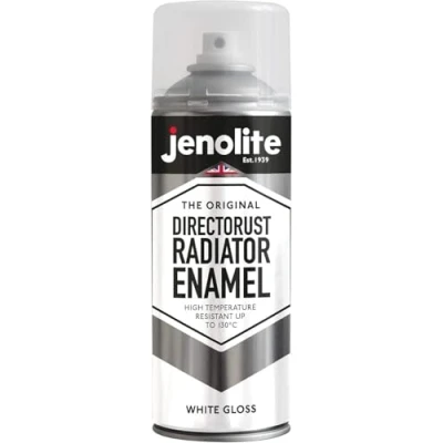 Image of JENOLITE Directorust Radiator Enamel Spray Paint WHITE Gloss Finish Resistant to 130ºC Durable, Scuff Resistant, Non Yellowing No Primer Needed 400ml