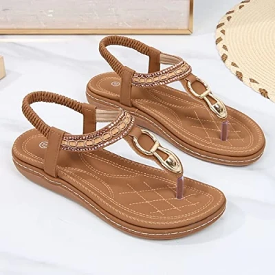 Image of Women&#039;s Flat Sandals Ladies Thong Bohemian Beaded Strap Wedding Shoes Evening Party Occasion Open Toe Strappy Dress Sandals,khaki,36