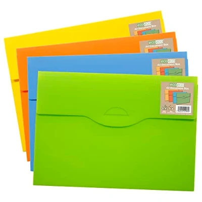 Image of eco A4 50% Recycled Slim Document Box File Folder Pack of 4 Assorted Colours
