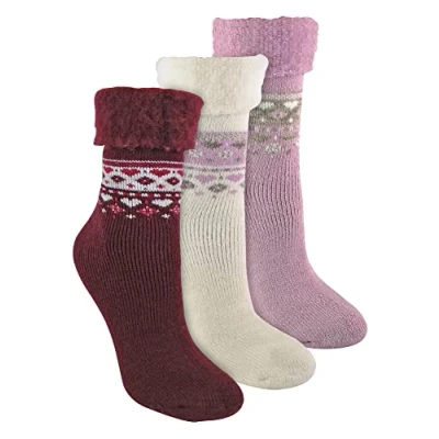 Image of Sock Snob 3 Pack Ladies Turnover Top Wool Bed Socks for Winter Warm Soft Fluffy Nordic Design Lounge Women (4 8, Deep Fuchsia/Pink/Cream)