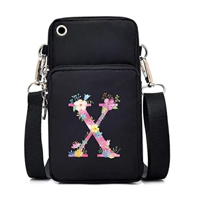 Image of FINDING CASE initial letter Printed Women Girls men Zipper Waterproof Nylon 3 Layers Crossbody Bags Wallet Cellphone Purse Shoulder Bag Wristlet Handbags Adjustable Strap (pink X)