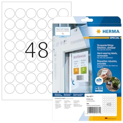 Image of HERMA Self Adhesive Removable Film Labels, 48 Labels per A4 Sheet, 20 Sheets, Ø 30 mm, 960 Blank Weatherproof Round Stickers, Sticky Dots for Laser &amp; Inkjet Printer, White