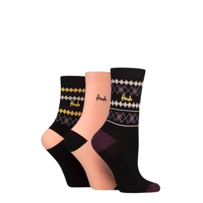 Image of Women&#039;s 3 Pair Pringle Christmas Patterned Cotton Socks with Gift Tag Black Nordic Argyle 4 8